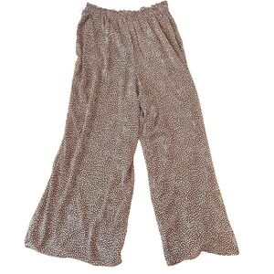 H&M Women's Brown‎ White Leaf Print Wide Leg Palazzo Pants Sz 12 Elastic Waist